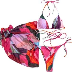 3 piece - triangle bikini with wrap detail. Tie string bottoms